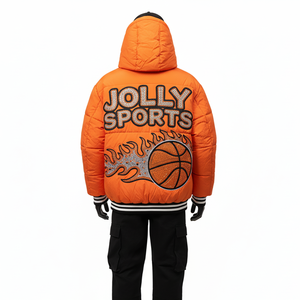 High Quality 380 GSM Puffer <b>Jacket</b> <b>Soft</b> <b>Shell</b> Polyester Fabric Custom Embroidery Logo Flame Style Puffer <b>Jacket</b> for <b>man</b> - Product Image 2