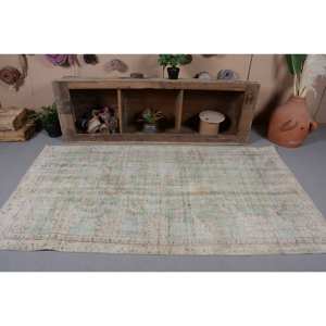 Vintage Turkish Rug Beige Green 4.1 X 7.4ft Handmade Wool Large Area Patchwork Design Rectangular Hallway Latex for Room Decor - Product Image 4