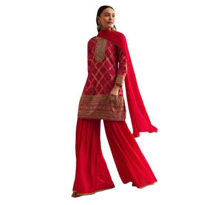 Venta al por mayor rojo Bandhani Zari Kurta Jacquard Sharara con gasa Dupatta para fiesta festiva boda recepción y pedidos personalizados - Product Image 1