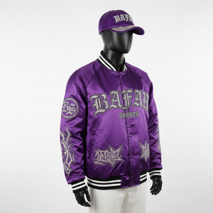 Veste universitaire en satin brillant de qualité supérieure couleur violette avec poignets côtelés et veste en satin avec logo brodé personnalisé pour homme - Product Image 3