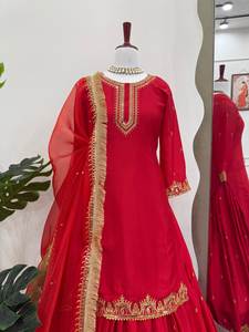 Costume Sharara brodé rouge pour femme, tenue de fête traditionnelle indienne avec dupatta et dentelle dorée - Product Image 3