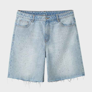 Media rodilla holgada pierna recta Vintage desgastado personalizado 100% algodón Sun Faded Jeans Shorts All Over Rhinestone Denim Shorts hombres - Product Image 1