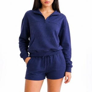 Conjunto de Sudadera con Capucha y Pantalones Cortos de Felpa Personalizados de Algodón de Alta Calidad para Mujer, Sudadera con Capucha Extra Grande y Pantalones Cortos de Felpa de 2 Piezas con Cordón Ajustable, Estilo Casual - Product Image 1