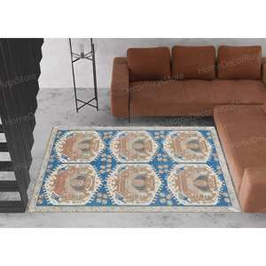 Kilim Pattern Printed <b>Rug</b>: Blue and Brown Anatolian Turkish Design,Luxury <b>Velvet</b> <b>Rug</b> - Product Image 2