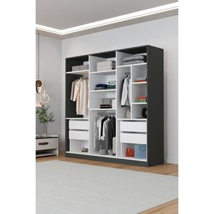 KALE <b>Wardrobe</b> Dark Gray Mirrored Modern <b>Design</b> White 6-Door Cabinet 4 Drawers 3 Hangers 13 Shelves-suitable for hotels bedrooms - Product Image 5
