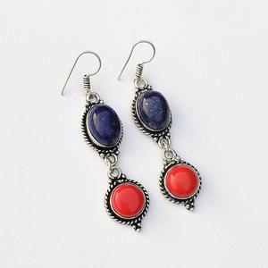 <b>Red</b> Coral And Lapis Lazuli Multi Stone <b>Earrings</b> Silver Plated Ear Wire Crystal <b>Earrings</b> Handmade Boho Jewelry Colorful Gift - Product Image 3