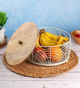 Cesta de Frutas Estilo Cottagecore con Tapa, Cesta de Frutas con Tapa de Madera, Cesta de Frutas para Encimera, Frutero de Metal, Cesta de Almacenamiento para Cocina - Product Image 4