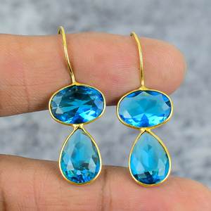 Handmade 925 Sterling <b>Silver</b> <b>Dangle</b> <b>Earrings</b> with Blue Topaz Gold Plated Oval Pear Gemstone for Party Women's Gift - Product Image 2