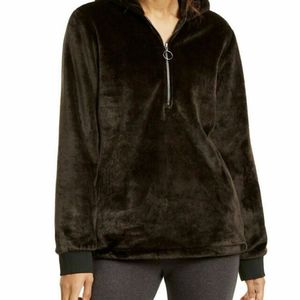 Sweat-shirt court à capuche en fausse fourrure respirant pour femme Ideology, motif, taille XS, noir - Product Image 1