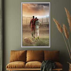 Impression sur toile élégante de Lionel Messi et Cristiano Ronaldo, encadrée en blanc - Product Image 1