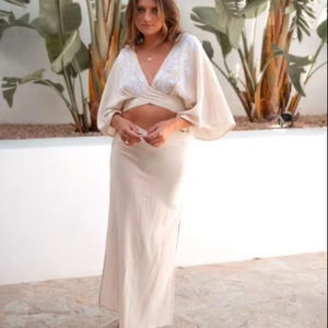 2025 Customized High Quality <b>Women's</b> <b>Maxi</b> <b>Skirt</b> Luxury Casual Classic Cotton Elasticated Back Ladies' Side Slit Long Natural - Product Image 1