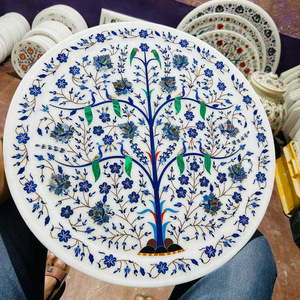 Assiette ronde en marbre blanc de luxe, artisanale, incrustée de lapis-lazuli, motifs floraux, design personnalisé, exportateur indien aux meilleurs prix - Product Image 1