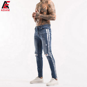 2023 New Brand Men's Jeans White Stripes Ripped <b>Denim</b> Slim Fit Straight Style Breathable-Wholesale Bulk <b>Fabrics</b> - Product Image 4