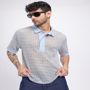 Camiseta relajada semitransparente de punto de tejido abierto para cuello de Polo, cierre de botón de punto, mangas cortas, suministro ODM sólido hecho en India - Product Image 1