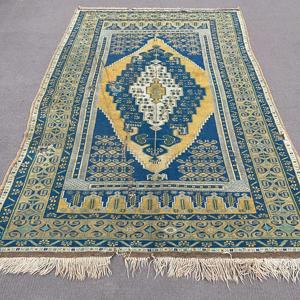 Alfombra Turca, Alfombra Vintage de 5.4x8.5 pies, Alfombra de Lana a Rayas Azules y Amarillas - Product Image 1