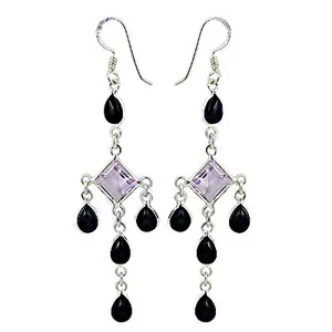 Boucles d'oreilles pendantes en argent 925 avec cristal taille princesse et onyx noir, design géométrique, pour femme, bijoux de soirée - Product Image 1