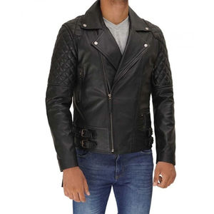 เสื้อแจ็คเก็ตหนังแกะสไตล์ไบค์เกอร์สำหรับผู้ชาย พร้อมปกพับลง ซิปด้านหน้า ปกแบบไม่สมมาตร ดีไซน์กันลม - Product Image 4