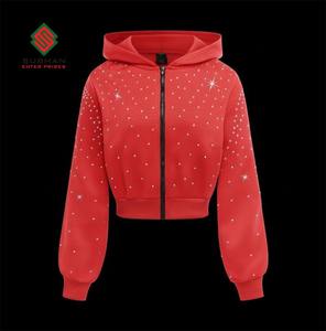 Red Rhinestone Cropped <b>Hoodie</b> Sparkly <b>Zip</b>-<b>Up</b> <b>Hoodie</b> Men's Stylish Casual Winter Wear Breathable Solid 100% Cotton - Product Image 1