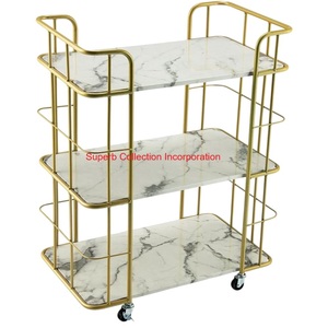 Modern Gold Trolley With Marble Finish <b>Shelves</b> & Lockable Casters Modern <b>Metal</b> Serving & Storage Trolley For Kitchen Living Room - Product Image 1