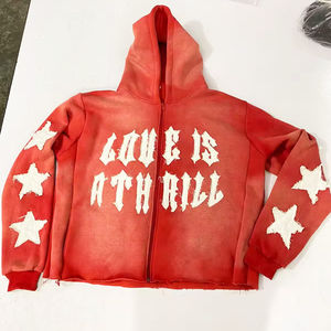 Wholesale Custom <b>Hoodie</b> Oversize 100% Cotton <b>Fleece</b> <b>Zip</b> <b>Up</b> <b>Hoodie</b> Distressed Patch Applique Embroidery Logo <b>Hoodie</b> Unisex - Product Image 5