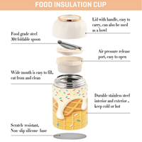 Boîte alimentaire isotherme durable en acier inoxydable avec valve de décompression et cuillère pliable, couvercle en PP sans BPA, boîte alimentaire thermique portable