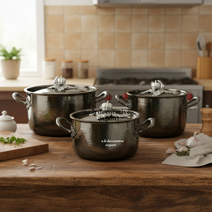 Ensemble de casseroles en acier inoxydable martelé à la main, finition bronze, design européen moderne, compatible gaz et induction, pot de service alimentaire sûr - Product Image 2