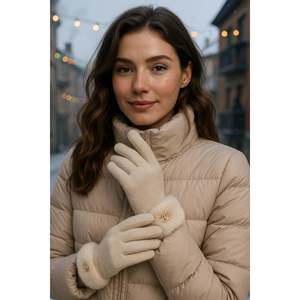 Guantes beige con pantalla táctil y puños de piel sintética para mujer ELD29 - Beige - Product Image 3