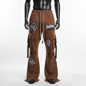 Pantalon flare en molleton pour homme de haute qualité, tissu respirant, marron avec panneaux latéraux, impression de logo personnalisée, pantalon flare pour homme lavé - Product Image 1