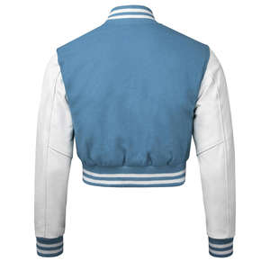 Most Demanded Women's College Varsity Jackets Custom Logo Regular Baseball Letterman Design Sky Blue <b>White</b> Sleeves Satin - Product Image 3