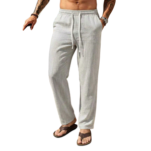 <b>Mens</b> <b>Linen</b> Cotton Casual Pants Elastic Waist Drawstring Straight Leg Breathable Lightweight Summer Beach Lounge Trousers Comfort - Product Image 1