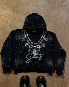 Sudadera con capucha francesa de felpa con estampado de diamantes de imitación de 500g para hombre, Sudadera con capucha gruesa y cálida en blanco de algodón cuadrado de gran tamaño - Product Image 6