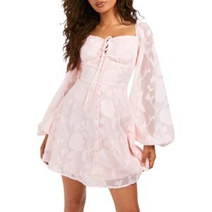 เดรสมินิเดรสลูกไม้แขนตาข่ายสุดหรูของผู้หญิงเดรสปาร์ตี้แขนบานเดรสบอดี้คอนคอปาดสุดหรู - Product Image 1