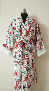 Blanc Oiseau Imprimé Velours Coton Kimono Robe Veste Respirant Hiver/Printemps/Été Mariage Robe De Demoiselle D'honneur Col En V Taille Libre - Product Image 5