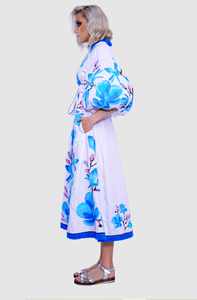 Robe ukrainienne ethnique brodée de fleurs, manches longues, longueur thé, avec ceinture pour femmes - Product Image 2