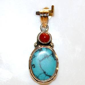 Bijoux du Népal, pendentif en forme de goutte en argent sterling 925, serti de turquoise, de corail, de cristal de guérison, style bohème, plaqué rhodium - Product Image 6