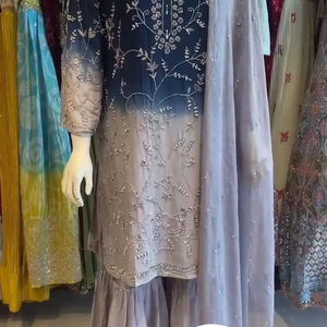 ชุด Plazo ที่สวยงาม Georgette เทียมหนักพร้อมลําดับการเย็บปักถักร้อย 5 มม. งานหนักด้วยผ้าฝ้ายไมโครคุณภาพสูง Latkan Dori - Product Image 1