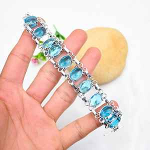 Pulsera de Topacio Azul, Plata de Ley 925, Joyería de Plata Hecha a Mano, Pulsera de Piedras Preciosas, Regalos de Boda y Cumpleaños para Ella - Product Image 6