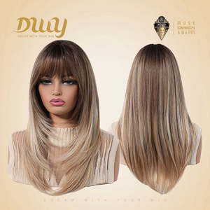 Bonia-DWY MiraScalp for <b>Ombre</b> Blonde <b>Wig</b> with Bangs Long Curly Synthetic Glueless Light Brown Lace Dark Roots - Product Image 1