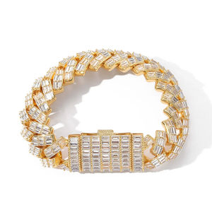 Pulsera de Plata de Ley con Diseño Elegante, Cadena de Eslabones, Diamante Cultivado en Laboratorio de Alta Calidad con Corte Baguette, Halo Chapado en Oro, Estilo Hip Hop para Fiestas - Product Image 1