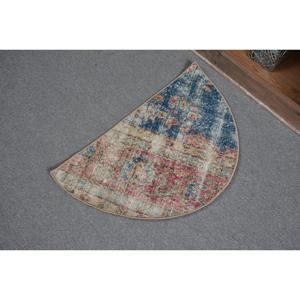 Alfombra Redonda Vintage de 2,5x1,5 pies (75x45 cm), Alfombra Turca con Borde Azul - Product Image 4