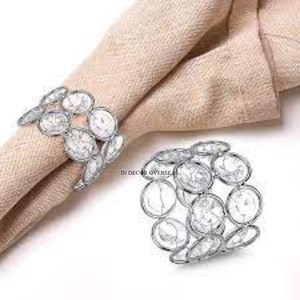 <b>Silver</b> Shiny Polished Heavy Duty Metal Wire Made Framed Clear Crystal Beaded Elegant Look Luxury Wedding Decor <b>Napkin</b> Rings - Product Image 1