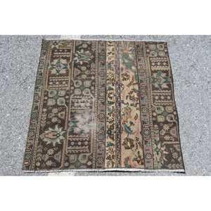 Tapis en laine turque vintage 2.9 X 2.9ft marron Beige Patchwork Design tissage plat grande surface pour décorations de salon Latex - Product Image 1