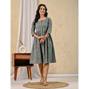 Robe en coton imprimée à la main motif floral vert, style décontracté avec col carré, taille naturelle, respirante, design personnalisé, tailles XS à 5XL - Product Image 5