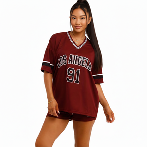 Ensemble de maillots de football américain unisexe surdimensionnés |   Haut respirant 100% polyester marron numéro 91 avec short assorti |   Grande taille - Product Image 1