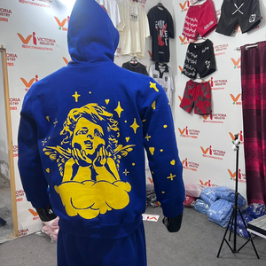 Conjunto de Sudadera con Capucha Térmica Estampada DTG, Sudadera con Capucha y Cremallera con Pedrería, Pantalones, Ropa Deportiva de Invierno para Hombre, Chándal de Dos Piezas - Product Image 2