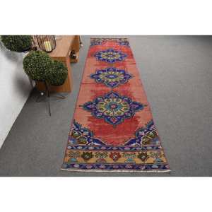 Alfombra turca de área grande, diseño de retales rojo y azul tradicional, 2,9x10,9 pies, látex de lana rectangular, 10mm, nuevo para decoración de habitación de pasillo - Product Image 1