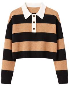 Suéter Polo Corto a Rayas Marrón y Negro Personalizado para Mujer, Suéter de Punto Suave de Manga Larga con Cierre de Botones, Top Informal de Invierno - Product Image 1