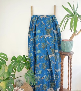 Kantha Stitch Pure Cotton Reversible <b>Bed</b>/Sofa <b>Throw</b> Handmade Floral Dohar Royal Blue Safari Tropical Exotic Forest Winter Hotels - Product Image 2