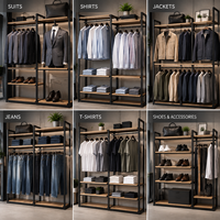 Présentoirs de vêtements noirs pour hommes, modernes, écologiques et personnalisés, avec étagères en bois, pour boutiques, aménagement modulaire de vente au détail