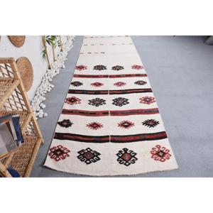 พรมวินเทจตุรกีขนาด 3.5x12.7 ฟุต, พรมปูพื้น, พรมคิลิมสีเบจ - Product Image 1